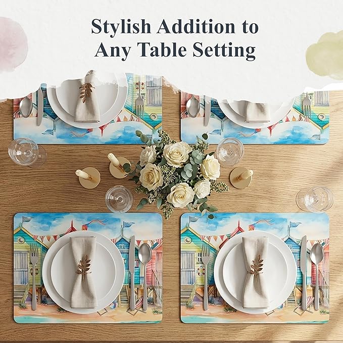 Pimpernel Beach Huts Placemats, Set of 4 - Durable Table Mats with Cork Back, Heat & Stain Resistant for Dining, Kitchen, Entertaining & Coastal Summer Style & Table Décor (12" x 16")