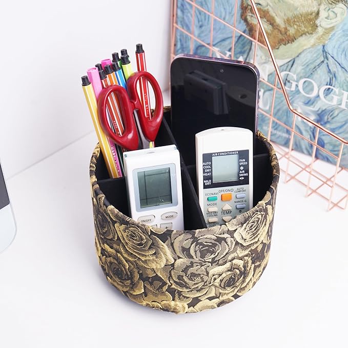 Round Leather Art Supply Organizer,Remote Control Holder,360 Degree Rotating,Multi-Functional Pencil Holder,4 Compartments Desktop Stationary Organizer(1-3D Rose Yellow)