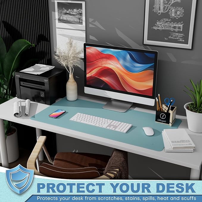 K KNODEL Leather Desk Pad Protector, Office Desk Mat, Large PVC Leather Desk Blotter, Non-Slip Mouse Pad (Sky Blue, 17" x 35.4")