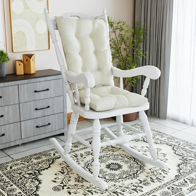 Klear Vu The Gripper Non-Slip Rocking Chair Cushion Set with Thick Padding, Includes Seat Pad & Back Pillow with Ties for Indoor Living Room Rocker, 17x17 Inches, 2 Piece Set, Ivory