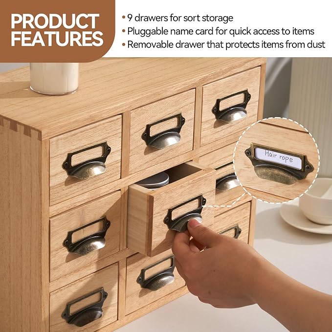 KIRIGEN Wooden Desk Storage Cabinet with 9 Mini Drawers, Wood Desktop Organizer with Metal Label Handles for Office Supplies, Crafts, Tea Bags, Makeup, Natural 9CG-NA