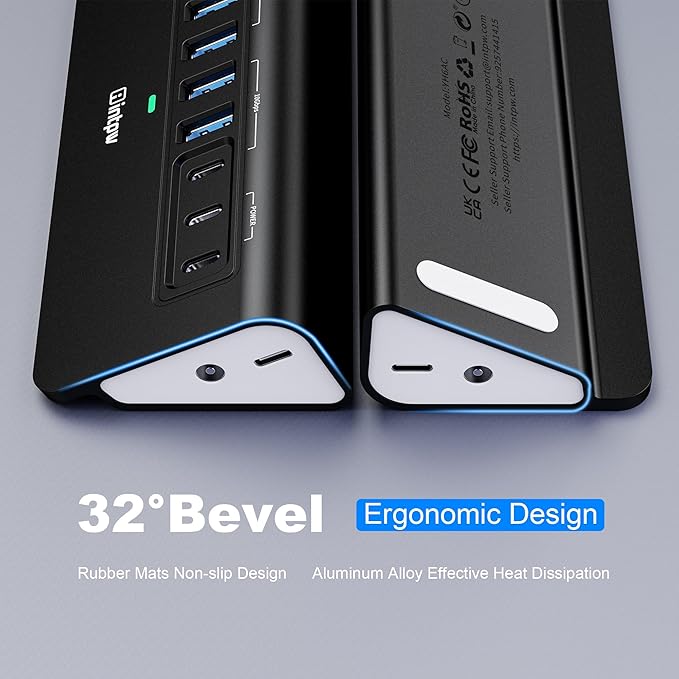 Powered USB Hub 10Gbps, intpw YH6AC 9-Port USB HUB with USB A/USB C 3.2, 4 USB 3.0, 2 PD 45W Charging Port, 65W Power Adapter + 4.92FT Cable, Aluminum USB Hub for Laptop, PC,iPhone 17/16