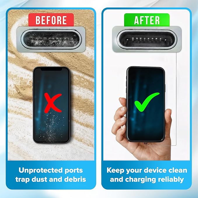 PortPlugs Anti Dust Plugs (10 Pack) - includes Charging Port Cleaning Brush - Flat Design Port Protector Cover - Compatible w/iPhone 14, 13,12,11 & Air Pods - Black