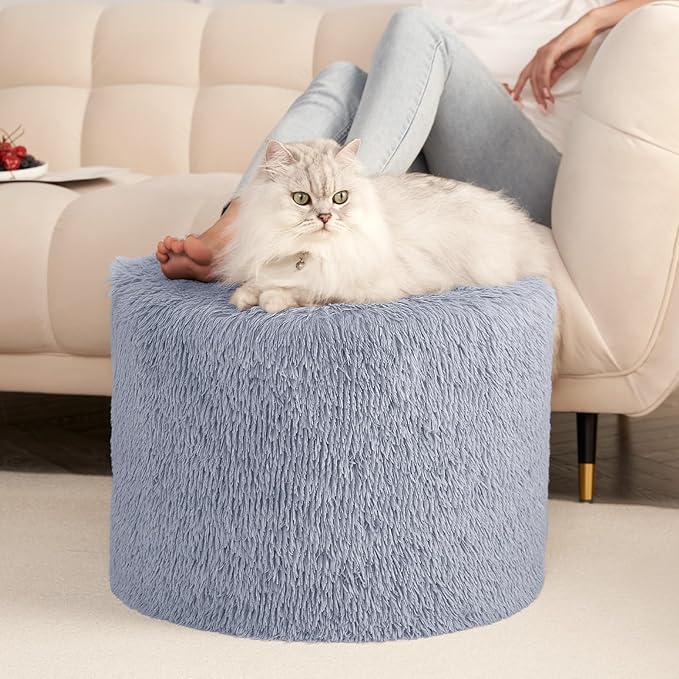 Hansleep Round Stuffed Pouf Ottoman 20 x 15, Foam Filled Faux Fur Ottoman Foot Rest for Chair with Washable Cover, Foot Stools Under Desk for Living Room & Bedroom, Grey