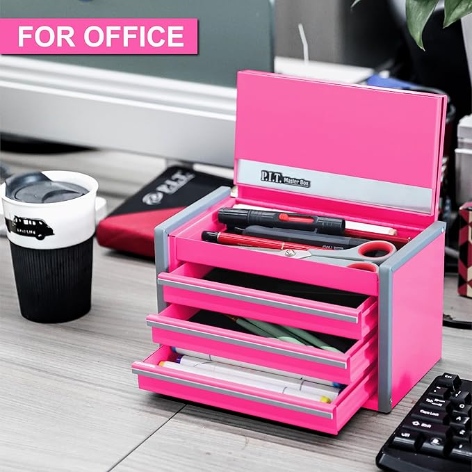 P.I.T. Mini Tool Box 8.6"W X 4.6"D, Portable 3 Drawer Steel Stackable Pink Tool Box with Magnetic Tab Locking, Pink Micro Top Chest with Liner for Tools Storage and Organizers, Home DIY