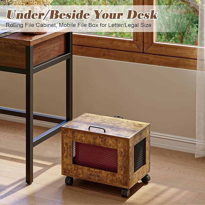 Sbanmao Small File Cabinet Cart Under Desk, Rolling Filing Cabinet for Home Office, Hanging File Organizer Box on Wheels, Mobile Decorative Document Storage Basket for Letter & Legal Size