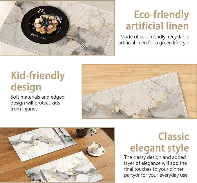 Placemats Set of 6, Abstract White Marble Texture Linen Placemats 12x18 Inch, Heat Resistant Table Mats, Washable Non Slip Place Mats for Dining Table Kitchen Home