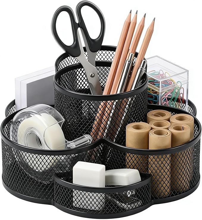 Multifunctional Desk Pen Holder,360°Rotating Metal Mesh Pen Holder,Office Learning Stationery Organiser (Black)