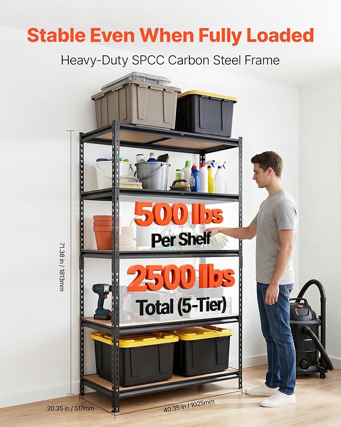 VEVOR Storage Shelves, 5-Tier Adjustable, 2500 lbs Capacity, Heavy Duty Garage Storage Shelving Unit, Metal Utility Rack Shelf, for Garage Warehouse Basement Kitchen, 40.35" W x 20.35" D x 71.38" H