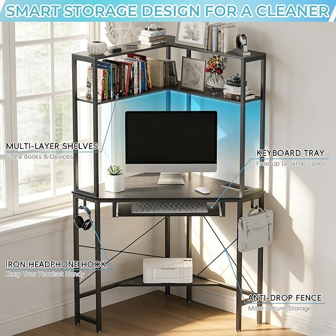 Corner Desk with Hutch and LED Lights, Corner Computer Desk with Keyboard Tray and Monitor Stand, Small Computer Desk for Small Spaces, Home Office（Carbon Black）
