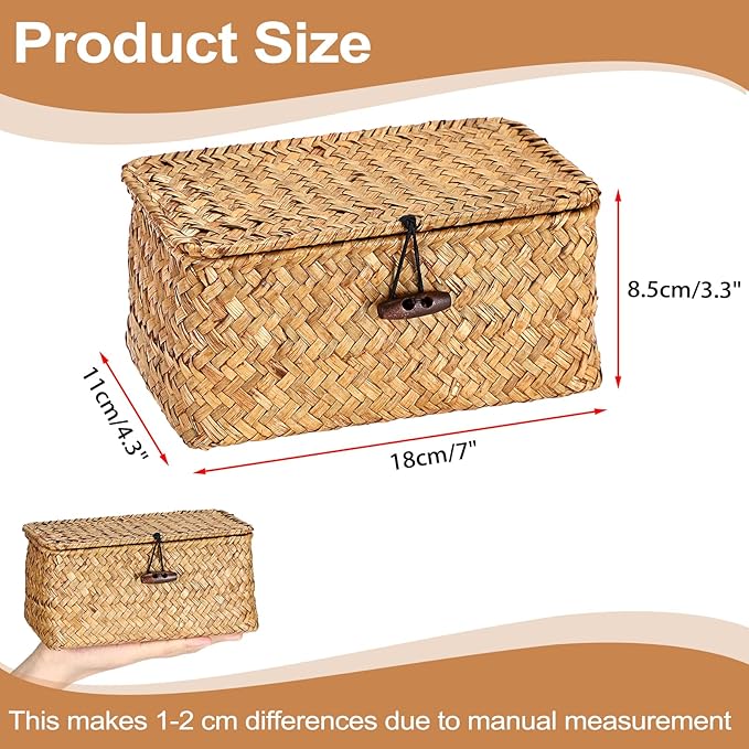 Hipiwe Mini Seagrass Basket with Lid Decorative Shelf Basket Box Multipurpose Desktop Organizer, Caramel 7.0" x 4.3" x 3.3"