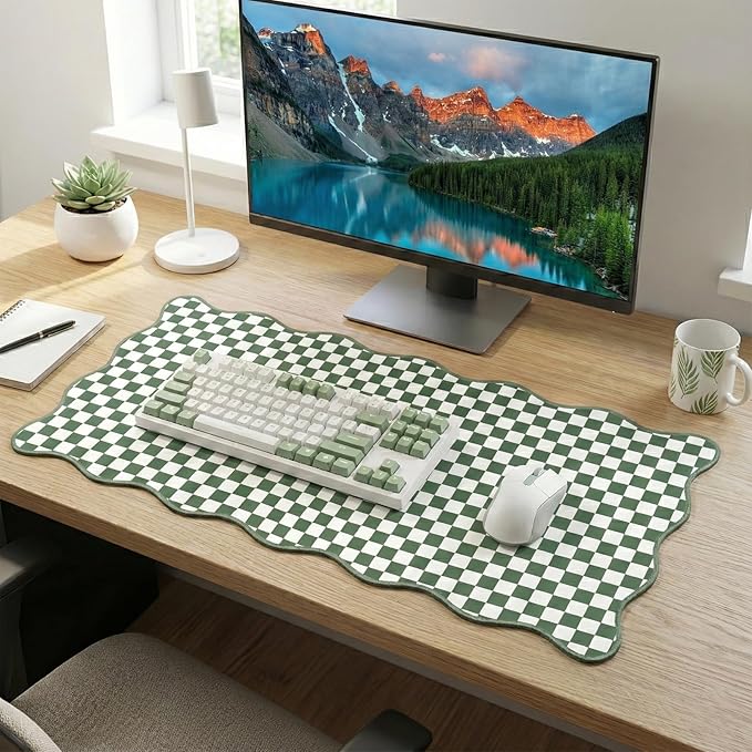 Scalloped Desk Mat Extended Large Cute Mouse Pad Vintage‌ Desk Pad XXL Aesthetic Plaid Mousepad Checkered Gaming Mouse Pad for Keyboard Computer Laptop Home Office Accessory Girly 31.5X15.7Inch Green