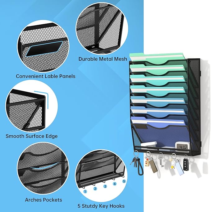 Gawerk Hanging Wall File Organizer with 5 Hooks - Wall Mounted Mail Paper Document Folder Holder, Sturdy Mesh Magazine Rack for Office Home (7+1 Tier)