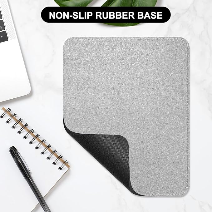 Leather Mouse Pad, Office Mouse Mat Non-Slip Rubber Base Stitched Edge Washable Waterproof Rectangular Mousepad for Office Gaming PC Laptop, 9.8" x 7.9", Silver