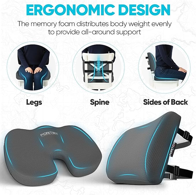 FORTEM Seat Cushion, Office Chair Cushion, Lumbar Support Pillow for Office Chair, Memory Foam Car Seat Cushions, Sciatica Coccyx Tailbone Pain Relief, Cushions for Back Support, Washable, Non Slip XL