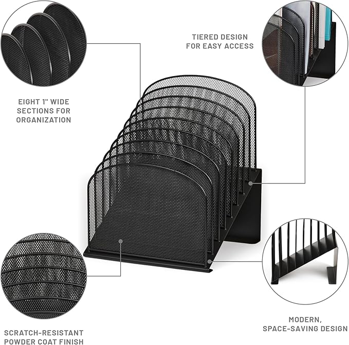 Safco Onyx Desk Organizer, 8 Tiered Vertical Compartments, Office and Classroom Mailbox , Paper and Mail Sorter, Steel Mesh, Black