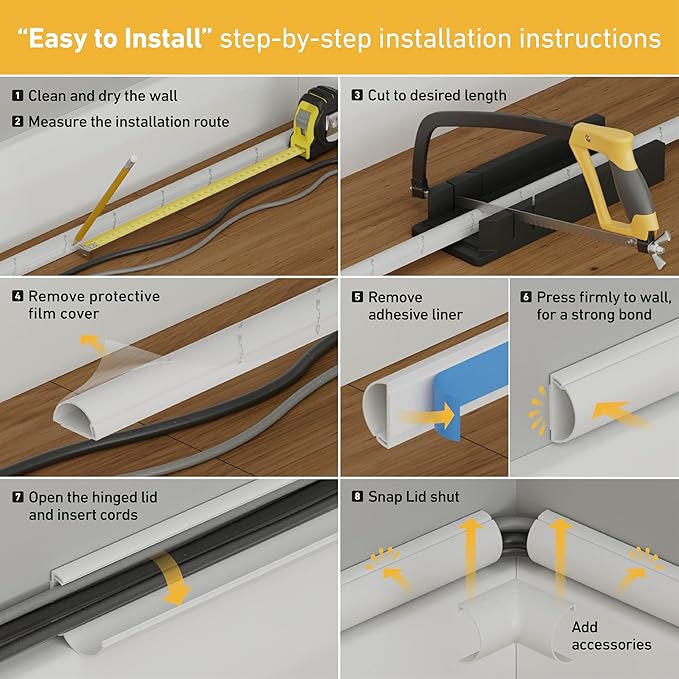 D-Line 13.12ft Cord Hider Kit, Patented Cable Cover, Hide Wires on Wall, Channel for TV Mount Cords, Raceway Wire Hiders, Paintable, Adhesive, Half Round, 4X 0.78in W x 0.39in H x 39in Lengths, Black