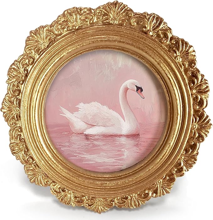 Pink Swan Round Picture Frame Wall Decor,Preppy Coquette Goose Gold Mini Ornate Photo Frame for TableTop Desk 2.7in Photo,Vintage Framed Artwork for Girly Room Walls Office Bedroom Shelf