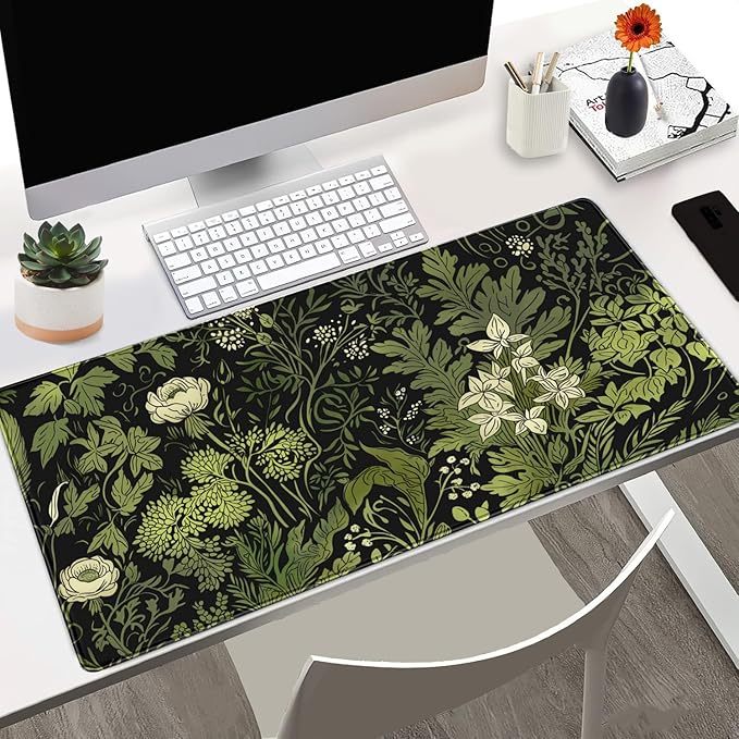 Floral Desk Mat Green Leaves Plant Desk Pad Matt for Desktop Large Gaming Mousepad XXL Full Desk Mouse Pad Computer Keyboard Mat Deskmat Aesthetic Office Desk Decor 31.5 X 15.7 Inch