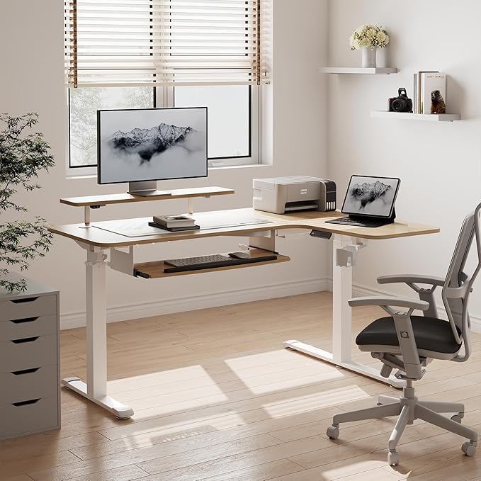 EUREKA ERGONOMIC Standing Desk Adjustable Height 61" Electric Sit Stand Computer Desk L Shaped with Keyboard Tray,Monitor Stand &LED, Dual Motor Memory Presets Sit to Desk Adjustable Desk, Right/Maple