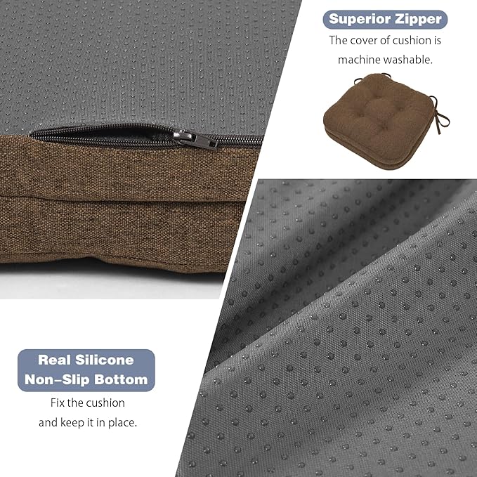 baibu Set of 4 Dining Chair Cushions, Dual-Layer Patent Design Memory Foam Kitchen Chair Cushions, Non-Slip Seat Pads with Ties, 16.5 x 16.5 x 3.5in, 4 Pack, Dark Brown