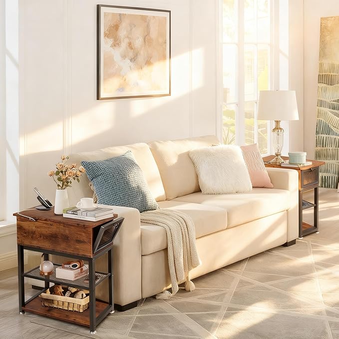 End Tables for Living Room, 28 inch Tall Side Table, End Tables with USB Ports and Outlets, 8.4" Super Deep Drawer, Flip Top End Table with Charging Station, Sturdy Steel X-Shaped Frame, Holds 216lbs