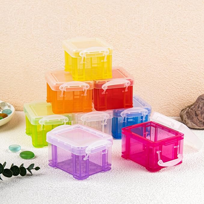 Framendino, 8 Pack Translucent Small Plastic Boxes Mini Desktop Storage Box 3.3" x 2.5" 2" Stackable Organizer Colorful Cosmetic Container with Lid for Jewelry Beads Crafts Accessories