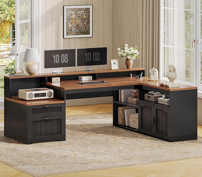 SEDETA 59" L Shaped Desk with Drawers, Farmhouse Corner Computer Desk, Wood Office Desk with File Drawers with Storage, Home Office Desks with Monitor Stand and Storage Cabinet, Brown and Black