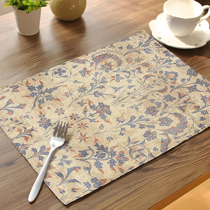 Boho Floral Cream Placemats Set of 4,Vintage Elegant Farmhouse Table Center Linen Decor,12x18 Inch Country Rustic Farmhouse Magical Fall Table Mats for Party Kitchen Dining