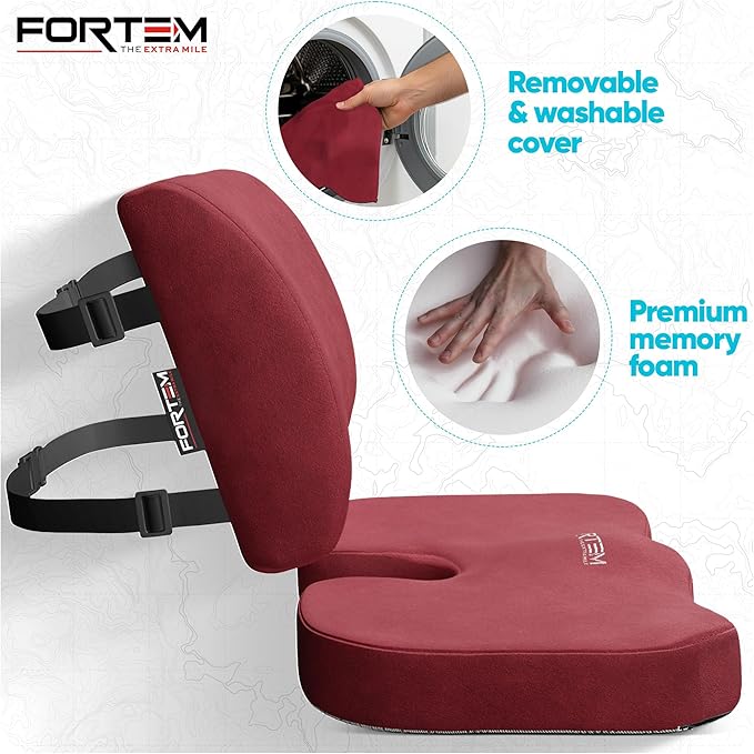 FORTEM Seat Cushion, Office Chair Cushion, Lumbar Support Pillow for Office Chair, Memory Foam Car Seat Cushions, Sciatica Coccyx Tailbone Pain Relief, Cushions for Back Support, Washable, Non Slip