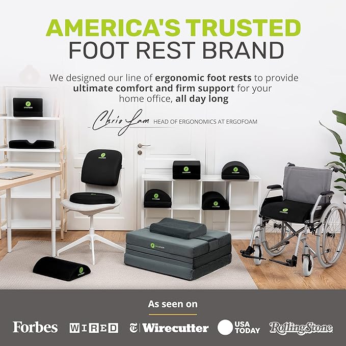 ErgoFoam Ergonomic Foot Rest Under Desk - Premium Velvet Soft Foam Footrest for Desk - Most Comfortable Desk Foot Rest in The World for Lumbar, Back, Knee Pain - Foot Stool Rocker (Black)