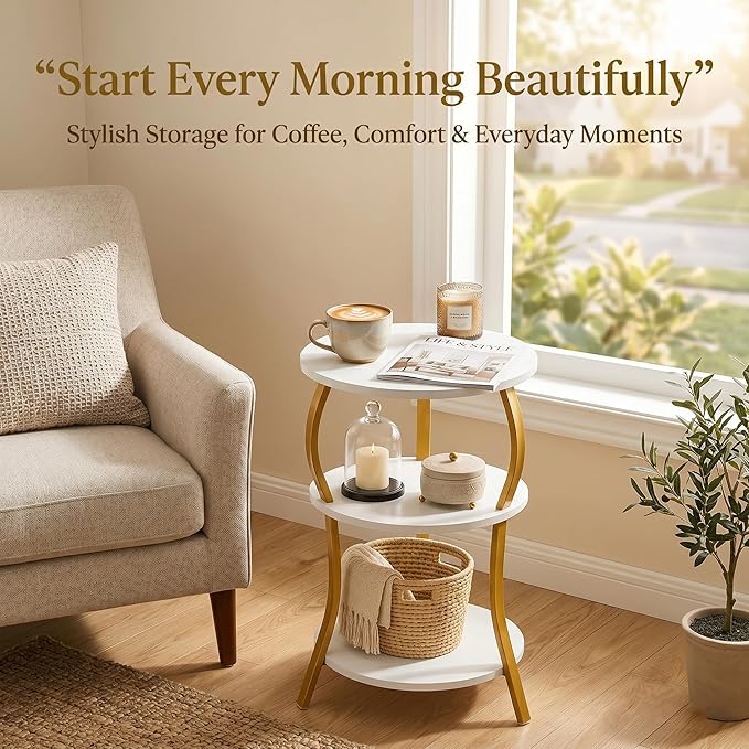 Vintage Small Round Side Table, 3-Tier Slim Waist Circular End Table with Storage Shelf, Compact Tea Sofa Table, Round Corner Coffee Table Nightstand for Living Room Bedroom Small Spaces,White+ Gold