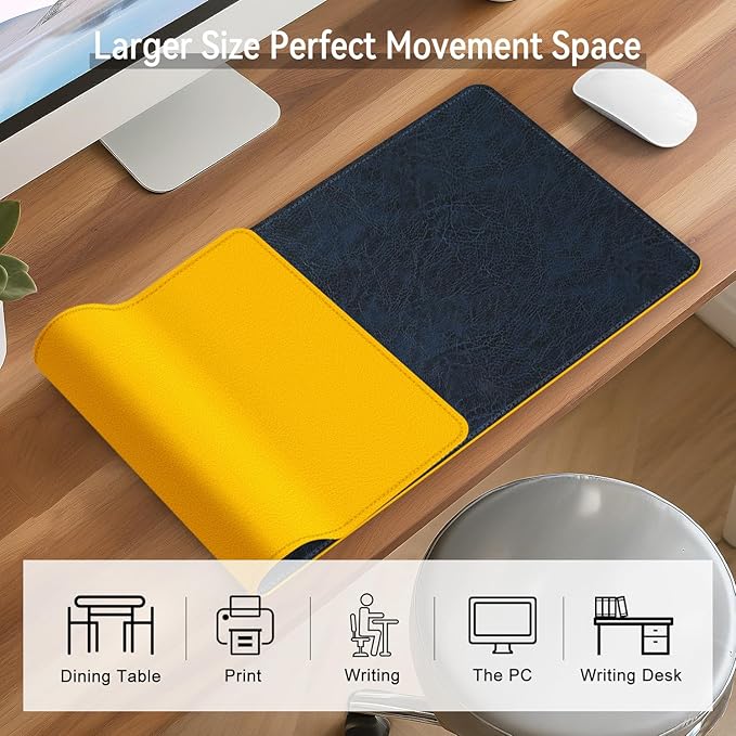 Imitation Crazy Horse Leather Desk Mat - Waterproof Desk Pad - Ideal for Large Mouse Pad and Desk Mats on Top of Desks (Dark Blue+Yellow, 33"*13")