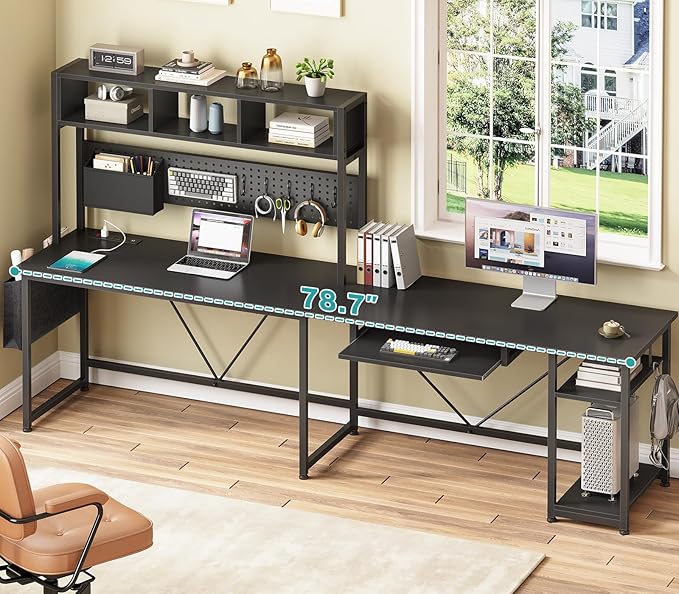 SEDETA L Shaped Gaming Desk with Hutch, 57.5” Reversible Corner Computer Desk with Storage Shelves, Gaming Desk with Pegboard, LED Lights, Power Outlet, Keyboard Tray and Storage Bag, Black