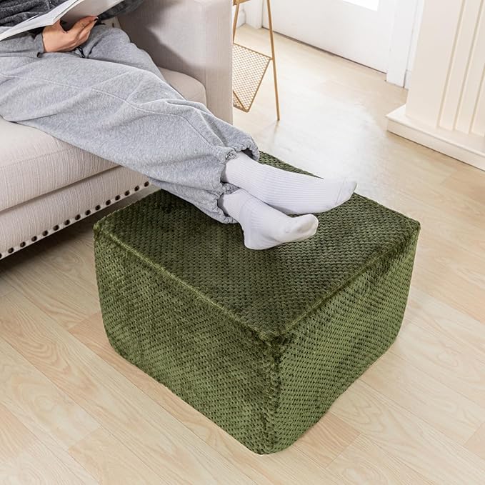 Furry Square Pouf Ottoman – 20"x14" One-Piece Seamless Integral Foam Foot Stool Ottoman Foot Rest Living Room Bedroom Under Desk (Green)