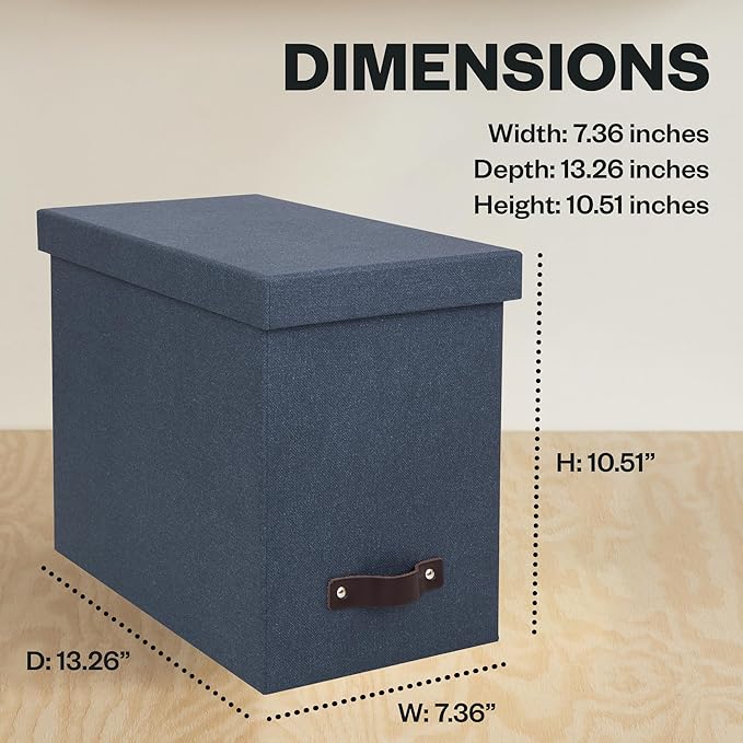 Bigso John Desktop File Box - File Storage Box and Document Organizer for Important Paperwork - Durable Hanging File Box with a Lid and Leather Handle - 7.36 in x 13.26 in x 10.51 in - Blue