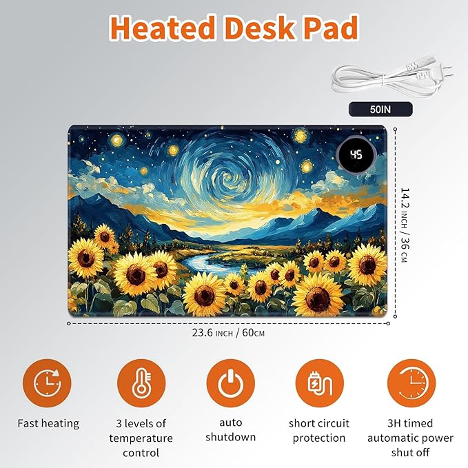 Heated Mouse Pad,Warm Desk Pad with 3 Levels Heating & 3 Hours Auto Shut-Off, PU Leather Heated Desk Pad Warmer Pad for Home Office - 23.6 x 14.2 inch,Starry Sky Sunflower