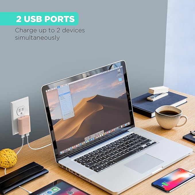 iHome 2-Port USB Wall Charger, AC Pro Multiport Plug Adapter, Phone Charging Block with Dual Ports for Home & Travel