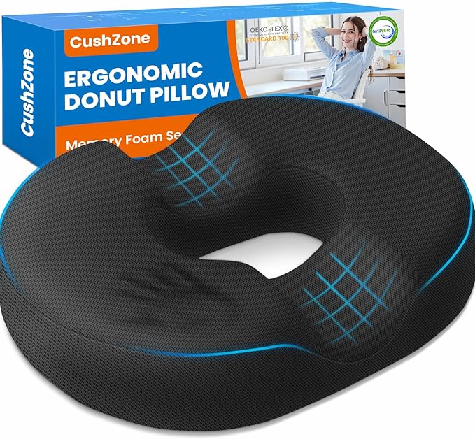 CushZone Donut Pillow for Postpartum Pregnancy - Large Ergonomic Chair Seat Cushions, Office Chair Cushion, Breathable Hemorrhoid Pillow, Lifting Chair Pads for Sitting, After Surgery(Black, XL)