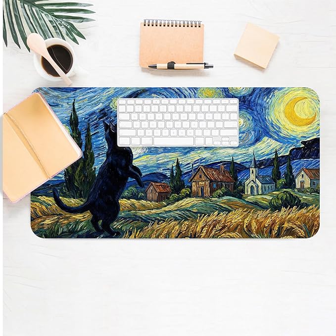 Cute Desk Mat, Starry Night Cat Large Mouse Pad for Desktop, PU Leather Waterproof Desk Pad, Anti-Slip Computer PC Laptop Protector Gaming Mouse Pads for Office Home Decorations (23.6" x 11.8")