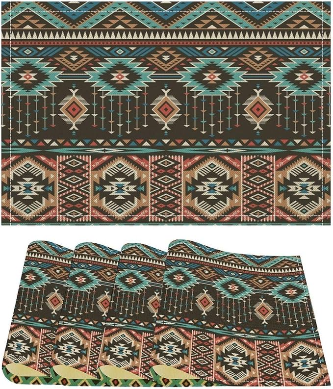 Vintage Aztec Southwest Placemats Ethnic Style Design Boho Geometric Pattern Linen Washable Table Mats Stain Heat-Resistant Desktop Decor Place Mats for Home Kitchen Dining Party 12x18 in 6 Pcs