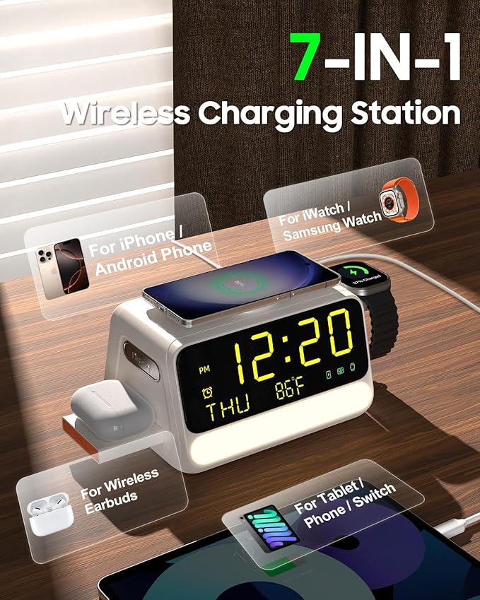 7-in-1 Wireless Charging Station for Samsung&Apple Device, Charger Stand with Voice-Controlled Light, for iPhone 17/16/15/14/13 Pro Max, Samsung Galaxy, Google Devices, Apple&Samsung Watch, AirPods
