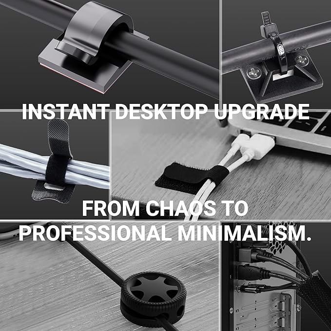 Hexcal 288-Piece Cable Management Kit - All-in-One Desk Organizer Set with Cable Sleeves, Silicone Clips, and Adhesive Ties - Premium Wire Management for Home Office, Gaming, and PC Building - Black