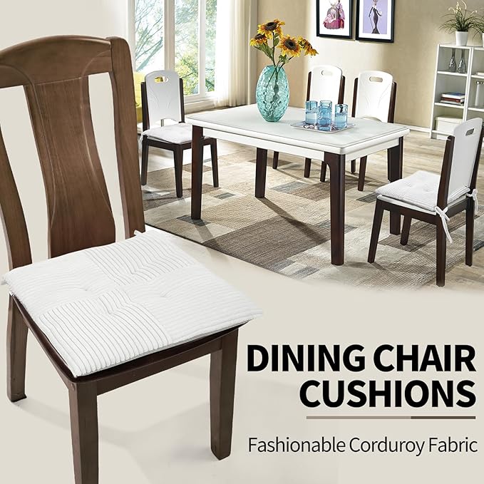 Office Stacking Chair Cushions 4 Pack, Corduroy High Density Foam Kitchen Seat Cushions with Ties, Square 17" x 17" Indoor Non-Slip Dining Chair Pads, White, 4pcs