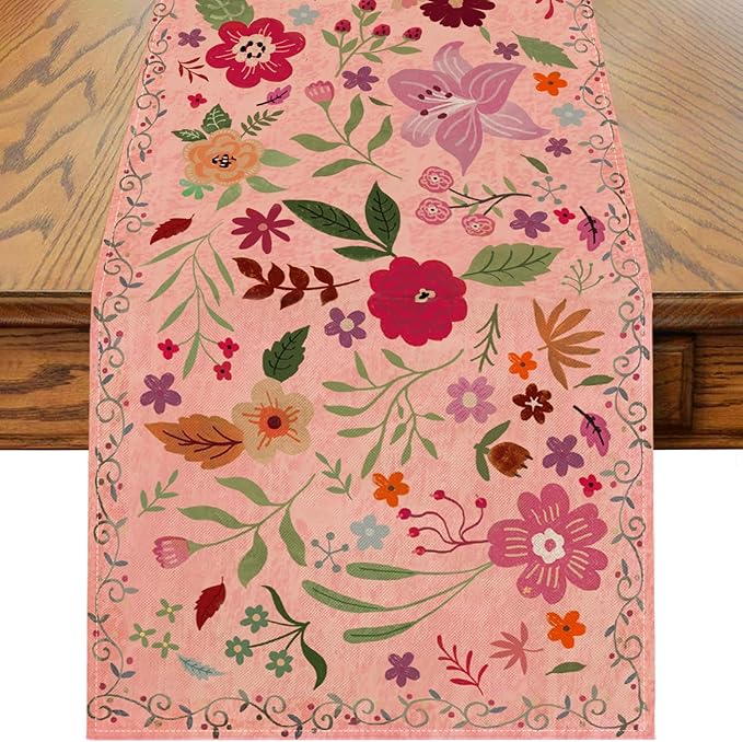 Boho Floral Pink Table Runner,Vintage Elegant Farmhouse Table Center Linen Decor,Country Rustic Farmhouse Magical Fall Kitchen Dining Table Decoration for Home Dining Party Decor 13x108 Inch