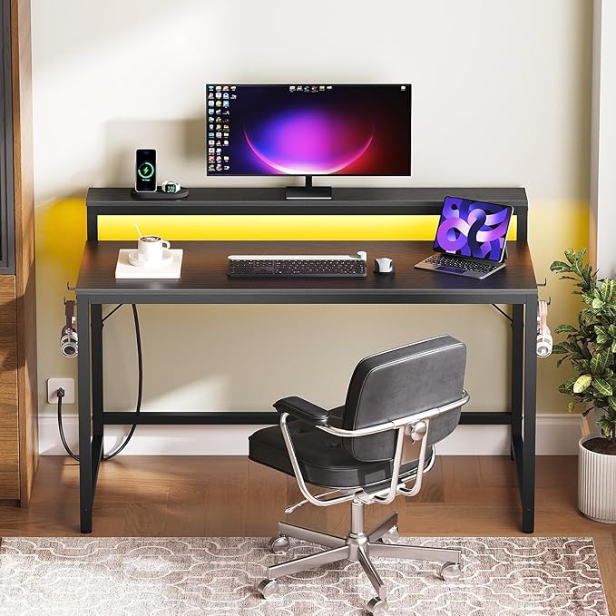 YATINEY 47.2" Computer Desk with Charging Station and LED Lights, Gaming Desk with Monitor Stand, 2-Tier Home Office Desk with 4 Side Hooks, for Living Room, Home Office, Black DN12UDBB