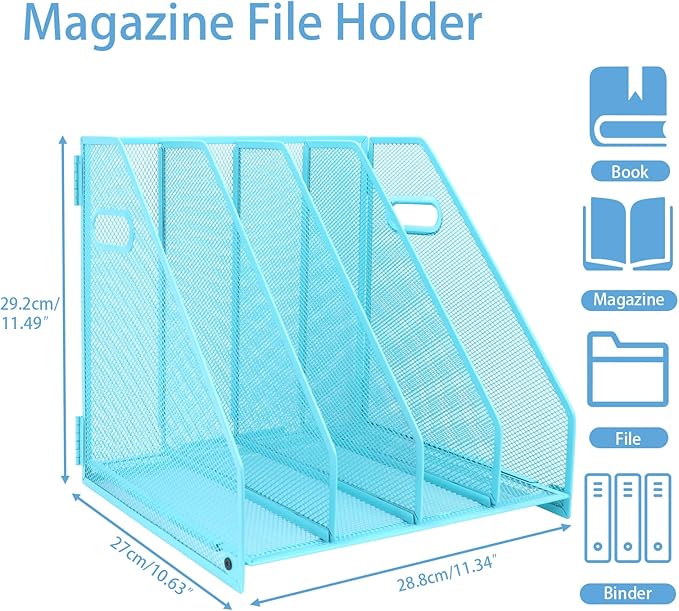 Desk Organizers Metal Magazine File Holder Racks Desktop Folder Storage Binder Organiser Document Organization for Home Office & Classroom,4 Vertical Compartments-Blue