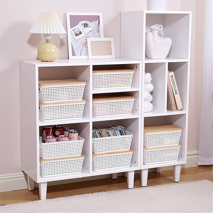 Small Storage Bins with Lids 6 Packs, Plastic Storage Basket with Bamboo Lid for Pantry Organization and Storage Containers for Shelves Drawers Desktop Closet Playroom Office Home, White
