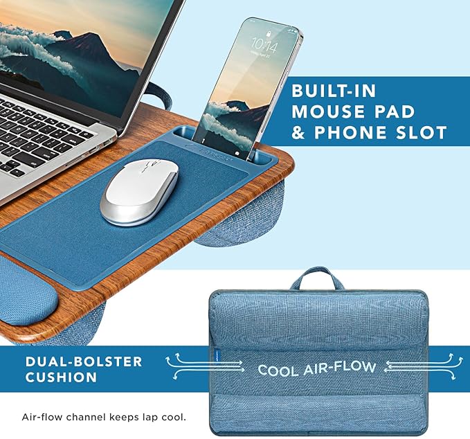 LAPGEAR Home Office Pro Lap Desk with Wrist Rest, Mouse Pad, and Phone Holder - Espresso Blue - Fits up to 15.6 Inch Laptops - Style No. 91622
