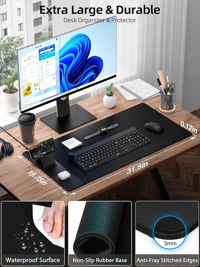 4-in-1 Mouse Pad with Magnetic Wireless Charging Phone Stand, 31.5"x15.8" Large, Waterproof Smooth Surface, Non-Slip Base, No Adapter
